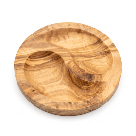 Mediterranean Olive Wood 7-Inch Dual-Compartment Snack Dish with S-Curve Divider, Hand-Carved Personal Charcuterie & Tapas Serving Plate
