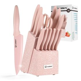 Kitchen Knife Set With Block, 14 Piece Pink Non-Stick Paint Coating Stainless Steel Knives Set, Anti-Rust And Dishwasher Safe, 12 Knives With Kit (Option: pink)