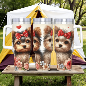 1pc Cute Bow Yorkshire Terrier Tumbler, Floral Printed Stainless Steel Car Cup, Adorable Pet Water Bottle for Dog Lovers, Portable Girly Travel M (capacity: 40oz, Color: White)
